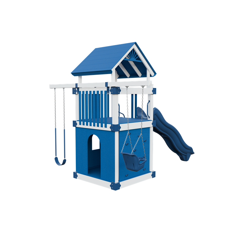 Basecamp 55 Clubhouse swing set in white and blue, back right