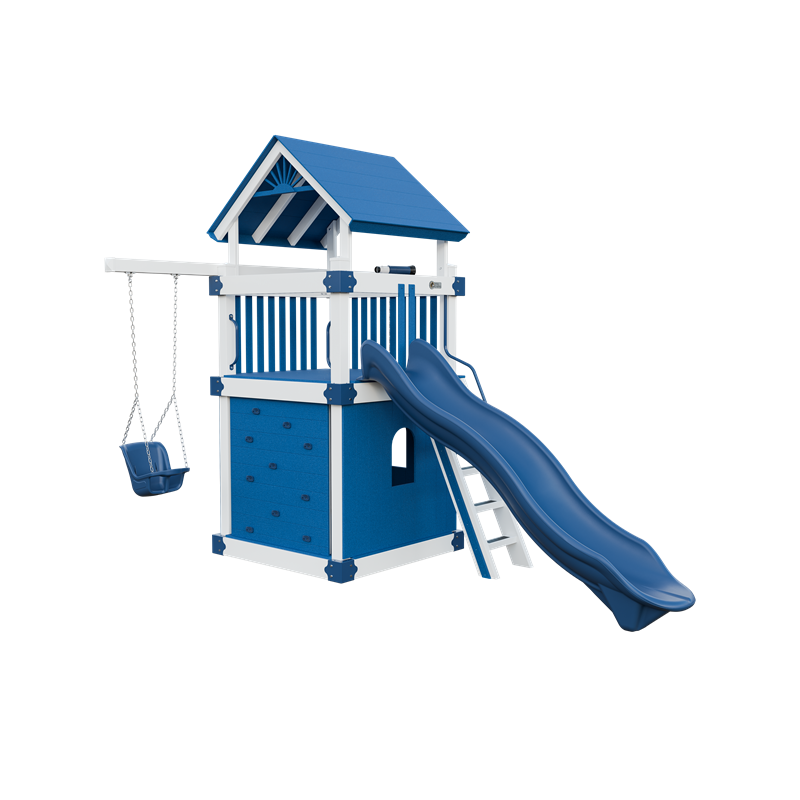 Basecamp 55 Clubhouse swing set in white and blue, front left