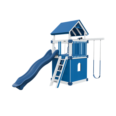 Basecamp 55 Clubhouse swing set in white and blue, front right