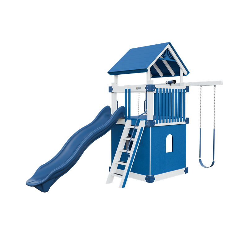 Basecamp 55 Clubhouse swing set in white and blue, front right