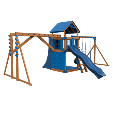 Basecamp 55 Fitness swing set in wood grain and blue, front left