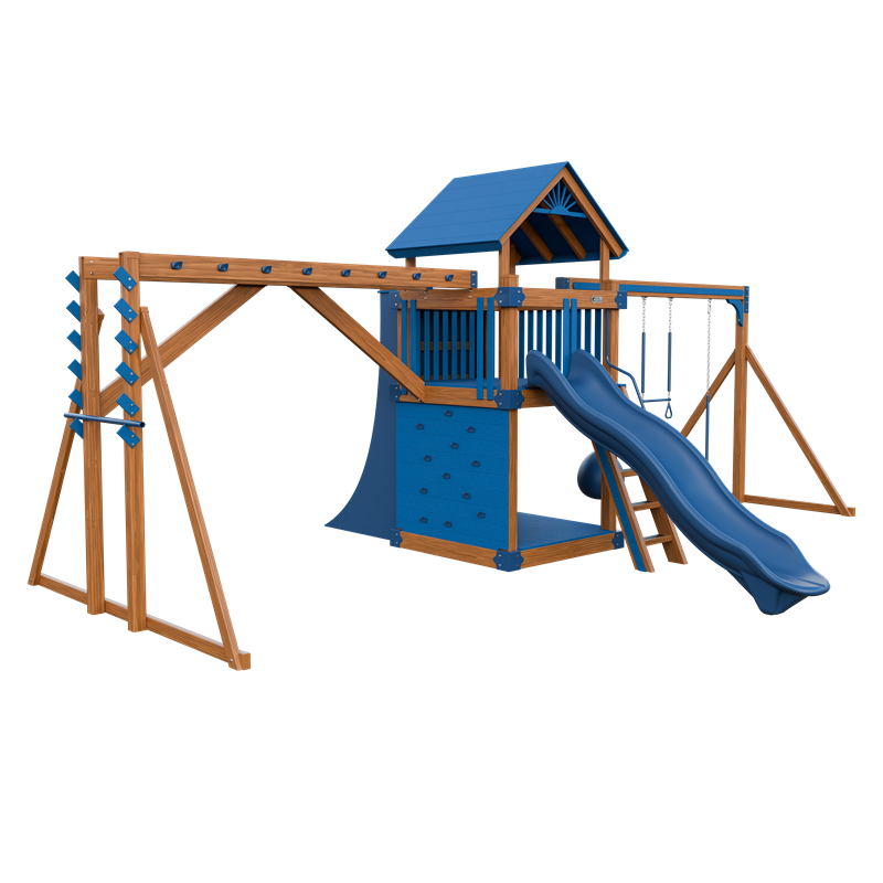 Basecamp 55 Fitness swing set in wood grain and blue, front left