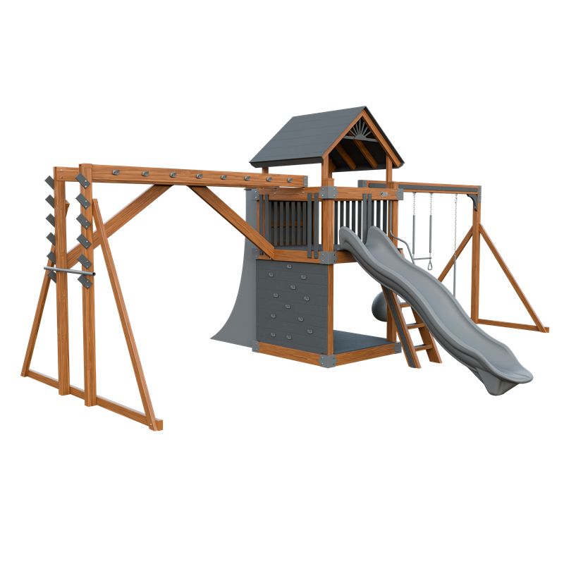 Basecamp 55 Fitness swing set in wood grain and gray, front left