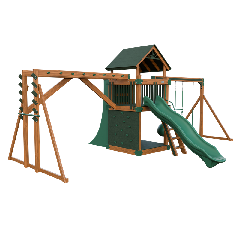 Basecamp 55 Fitness swing set in wood grain and green, front left