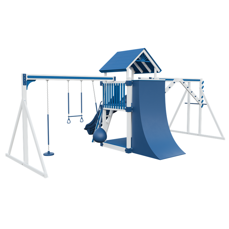 Basecamp 55 Fitness swing set in white and blue, back left