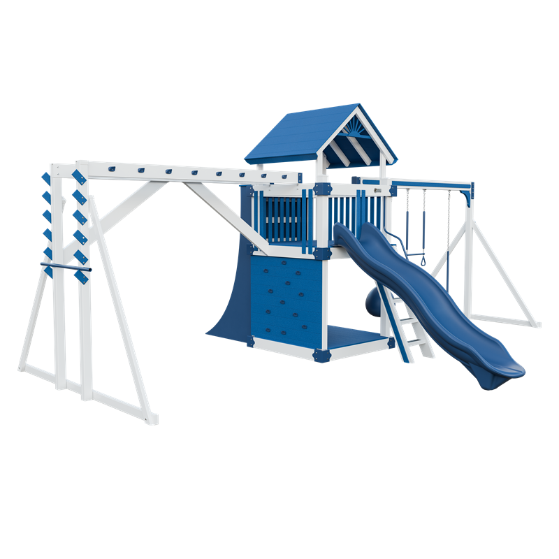 Basecamp 55 Fitness swing set in white and blue, front left