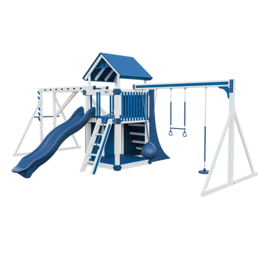 Basecamp 55 Fitness swing set in white and blue, front right