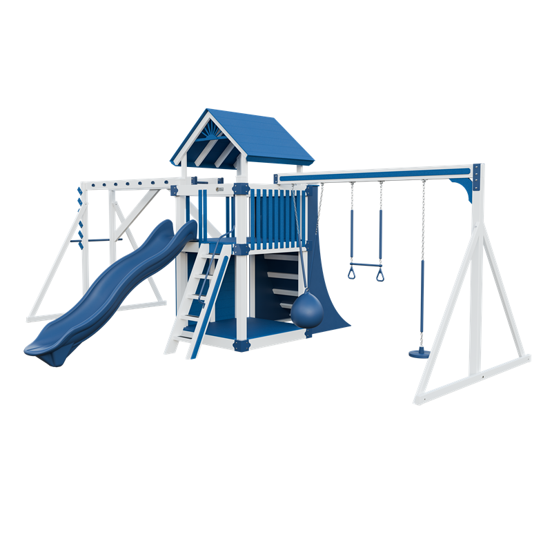 Basecamp 55 Fitness swing set in white and blue, front right