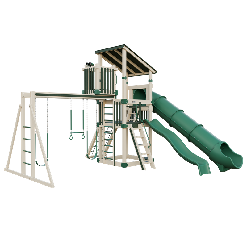 Basecamp 55 Lookout swing set in almond and green, front left