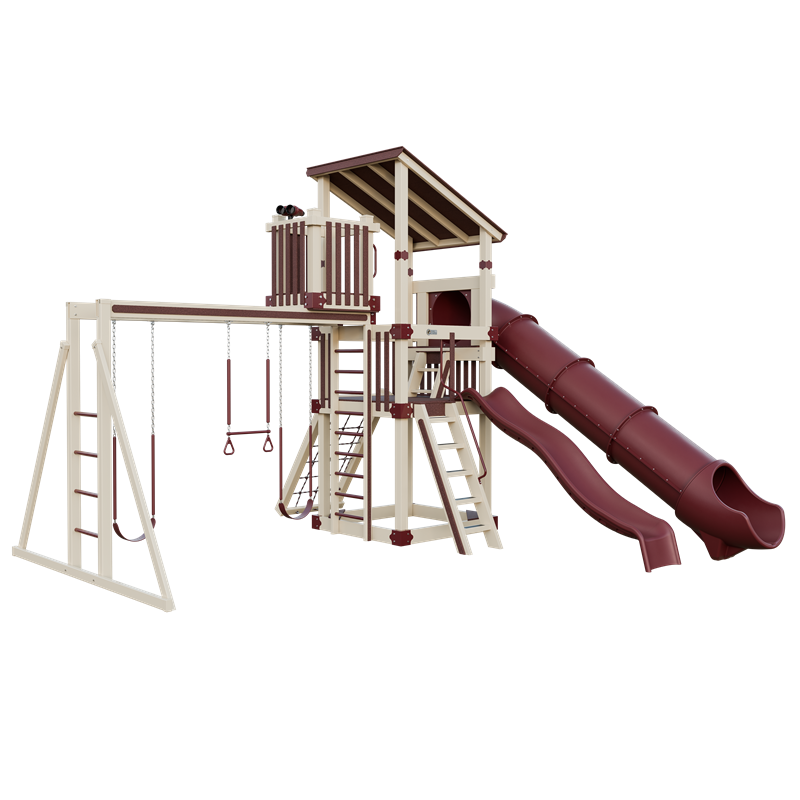 Basecamp 55 Lookout swing set in almond and red, front left