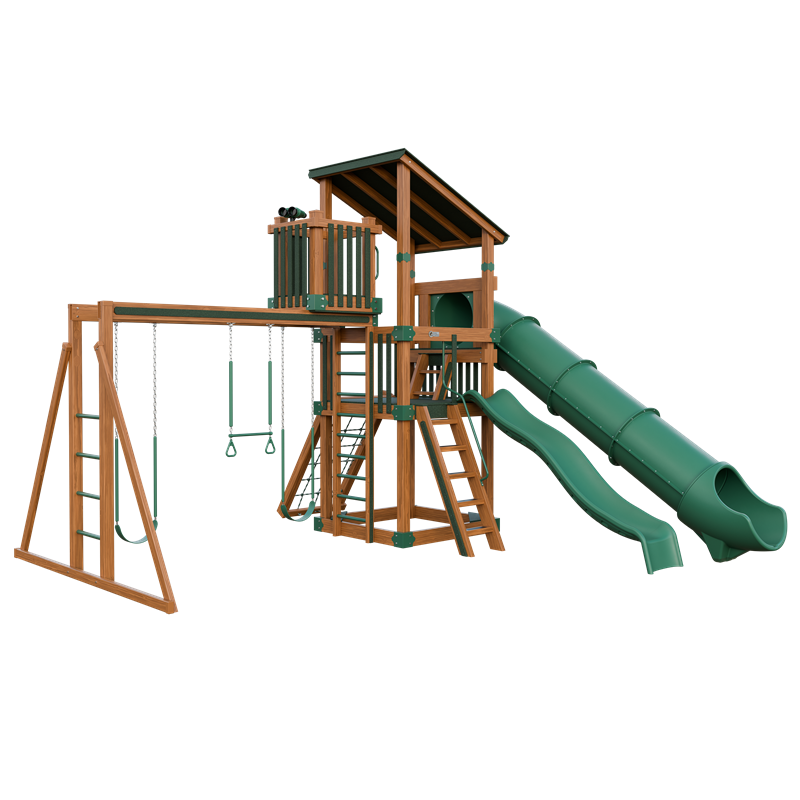 Basecamp 55 Lookout swing set in wood grain and green, front left