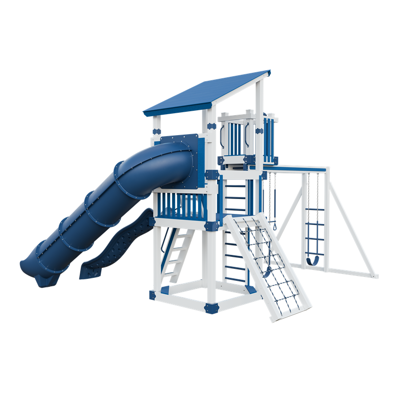 Basecamp 55 Lookout swing set in white and blue, back left