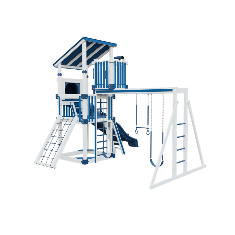 Basecamp 55 Lookout swing set in white and blue, back right