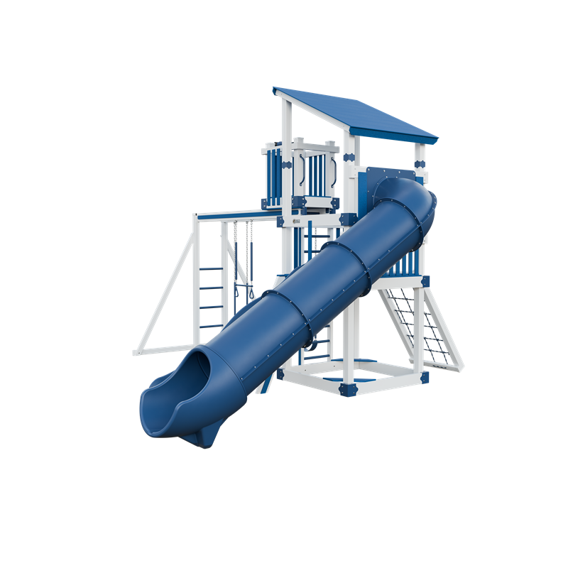 Basecamp 55 Lookout swing set in white and blue, front right