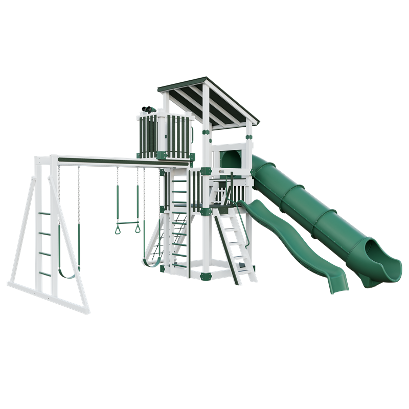 Basecamp 55 Lookout swing set in white and green, front left