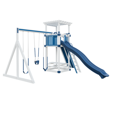 Basecamp 55 Stargazer swing set in white and blue, front left