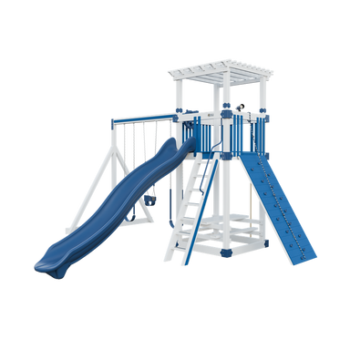 Basecamp 55 Stargazer swing set in white and blue, front right