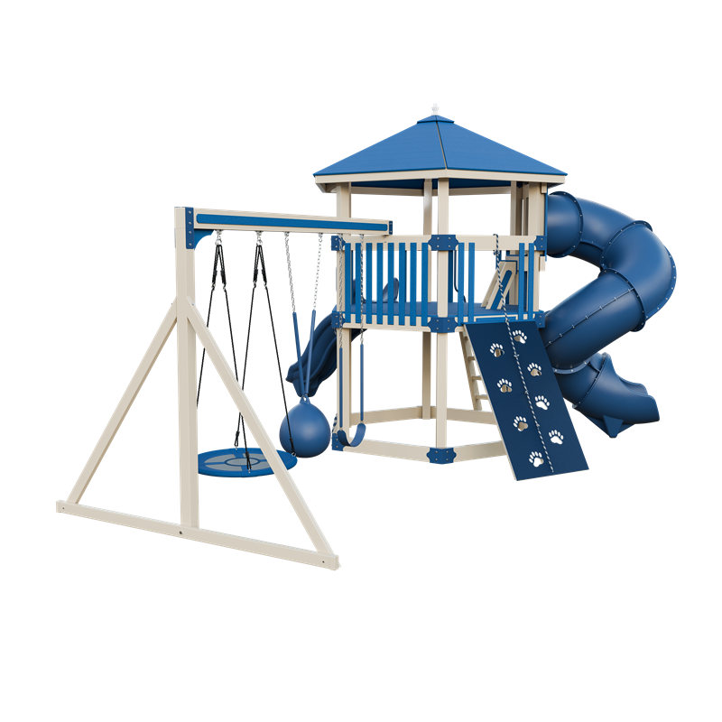 Basecamp 77 Honeycomb swing set in almond and blue, back left