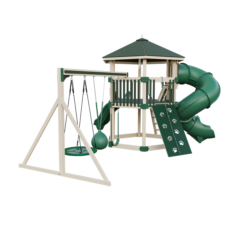 Basecamp 77 Honeycomb swing set in almond and green, back left