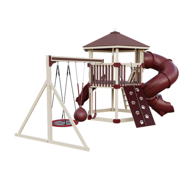 Basecamp 77 Honeycomb swing set in almond and red, back left