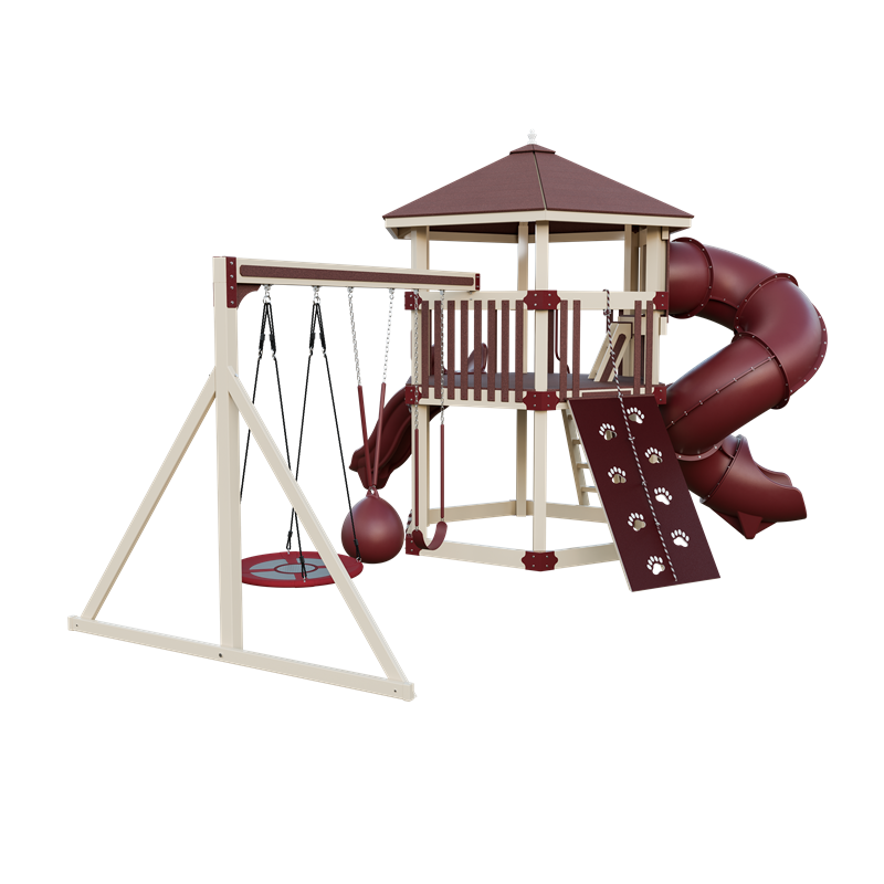 Basecamp 77 Honeycomb swing set in almond and red, back left