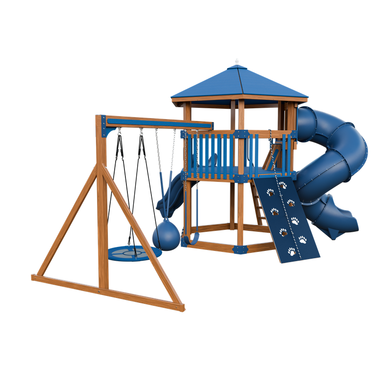 Basecamp 77 Honeycomb swing set in wood grain and blue, back left