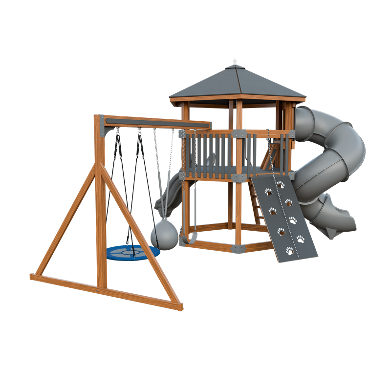 Basecamp 77 Honeycomb swing set in wood grain and gray, back left