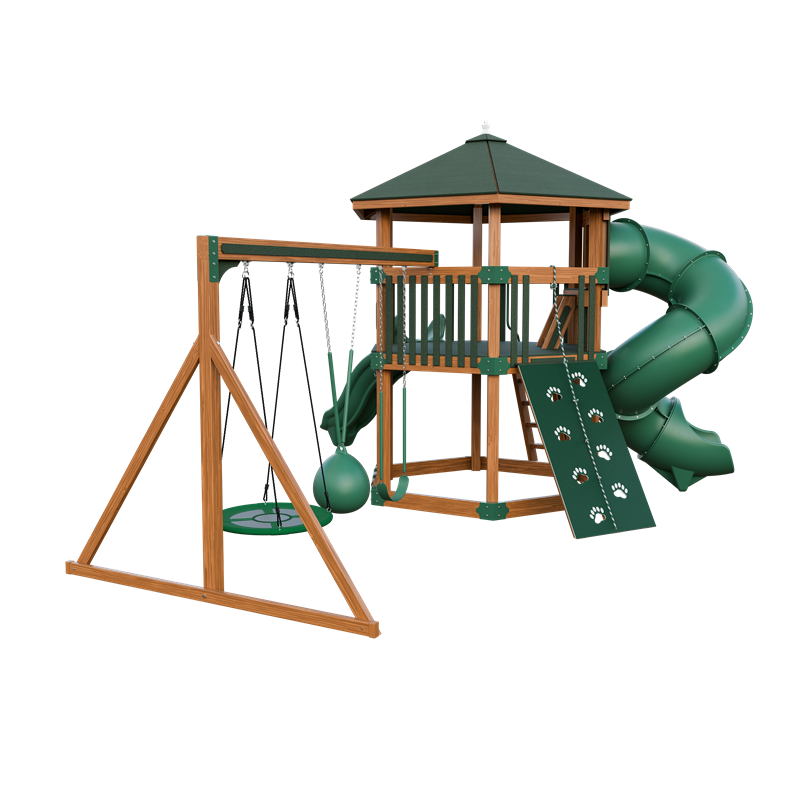 Basecamp 77 Honeycomb swing set in wood grain and green, back left