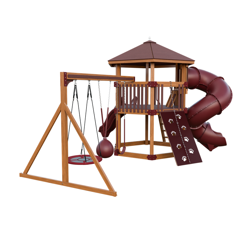 Basecamp 77 Honeycomb swing set in wood grain and red, back left