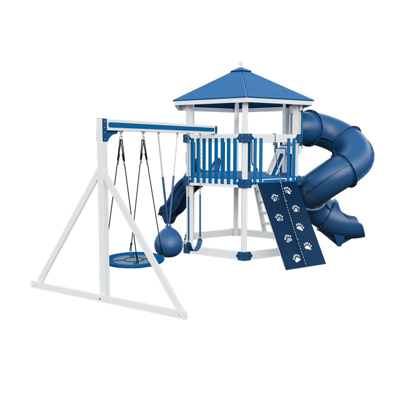 Basecamp 77 Honeycomb swing set in white and blue, back left