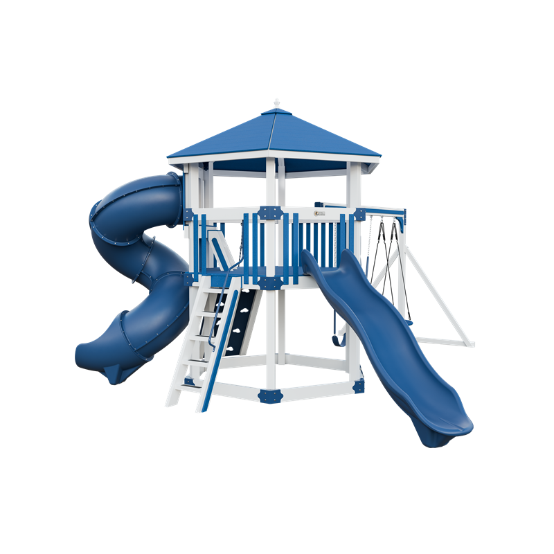 Basecamp 77 Honeycomb swing set in white and blue, front left