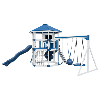 Basecamp 77 Honeycomb swing set in white and blue, front right