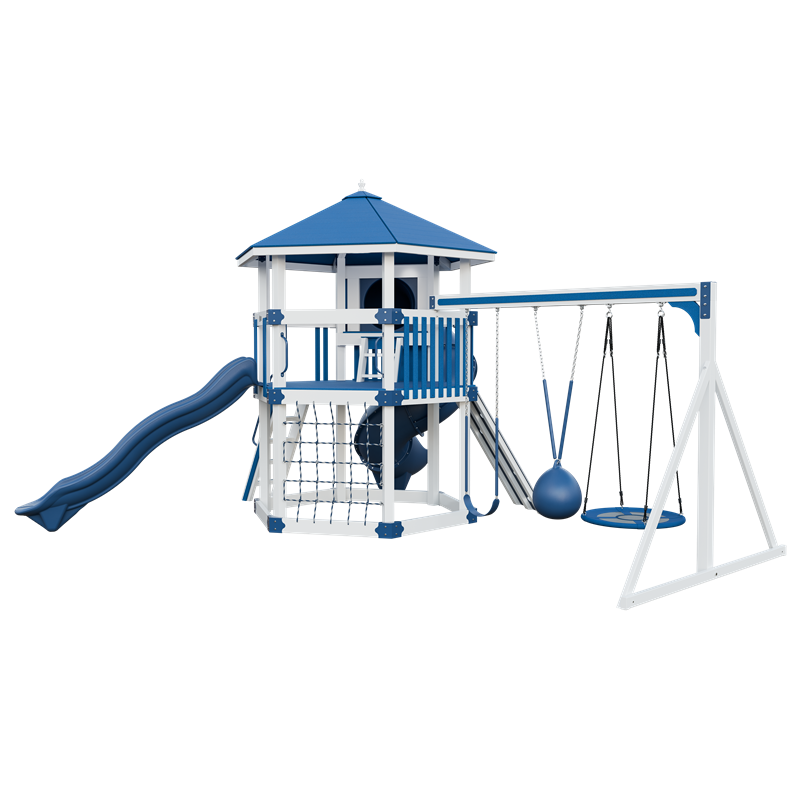 Basecamp 77 Honeycomb swing set in white and blue, front right