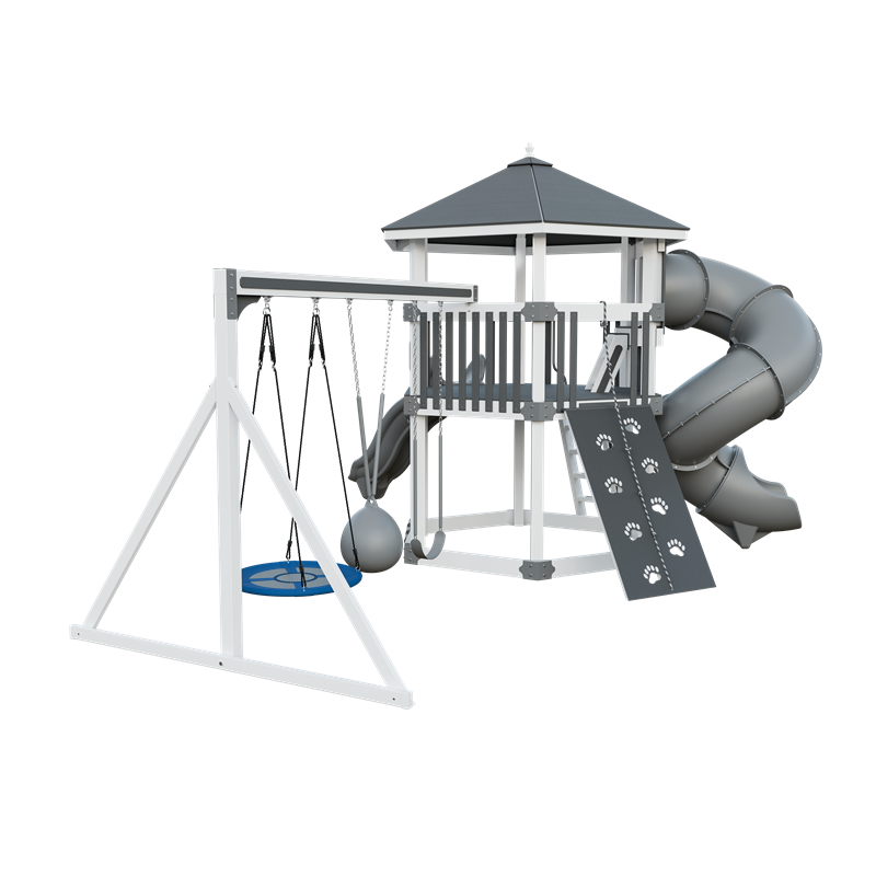 Basecamp 77 Honeycomb swing set in white and gray, back left