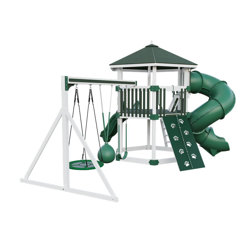 Basecamp 77 Honeycomb swing set in white and green, back left