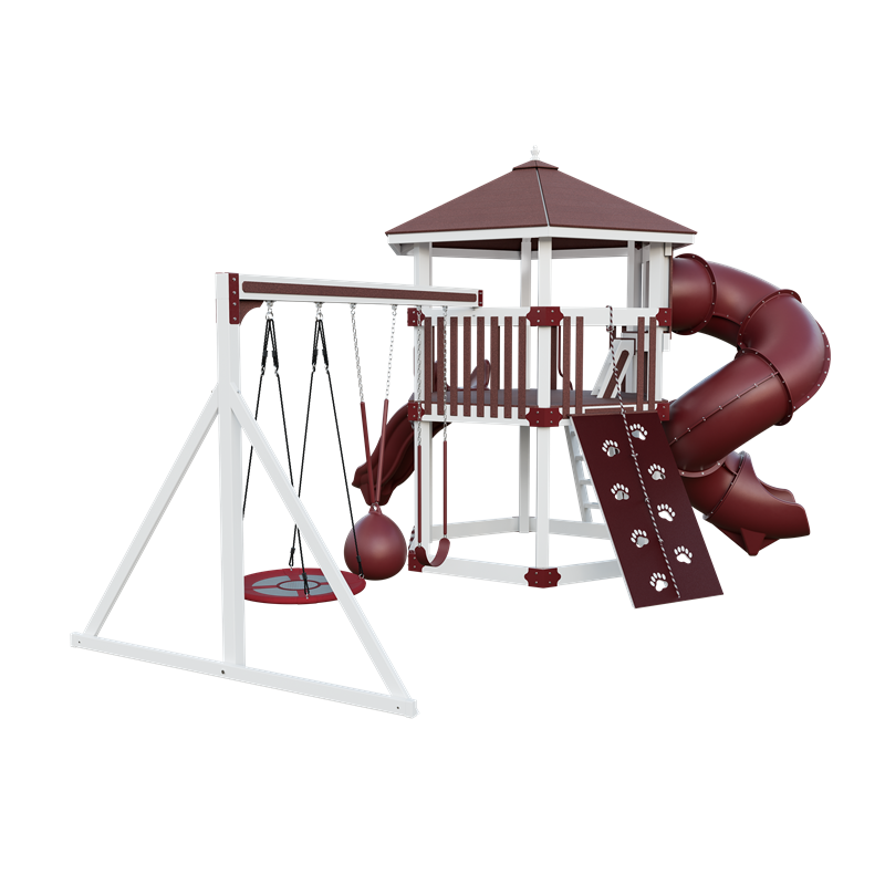 Basecamp 77 Honeycomb swing set in almond and red, back left