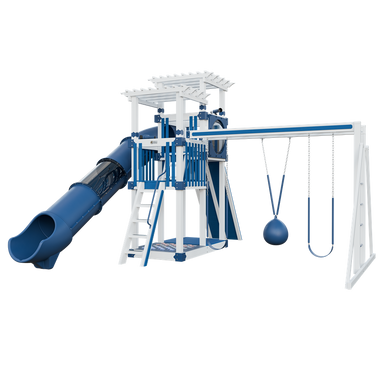 Super 48 Sidekick swing set in white and blue, front right