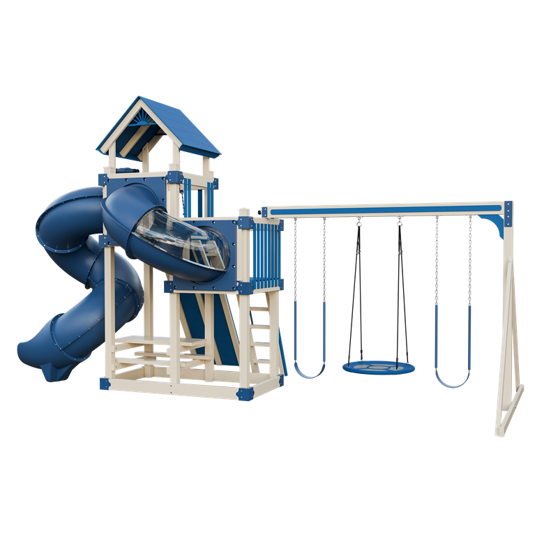 Super 48 Turbo swing set in almond and blue, back right