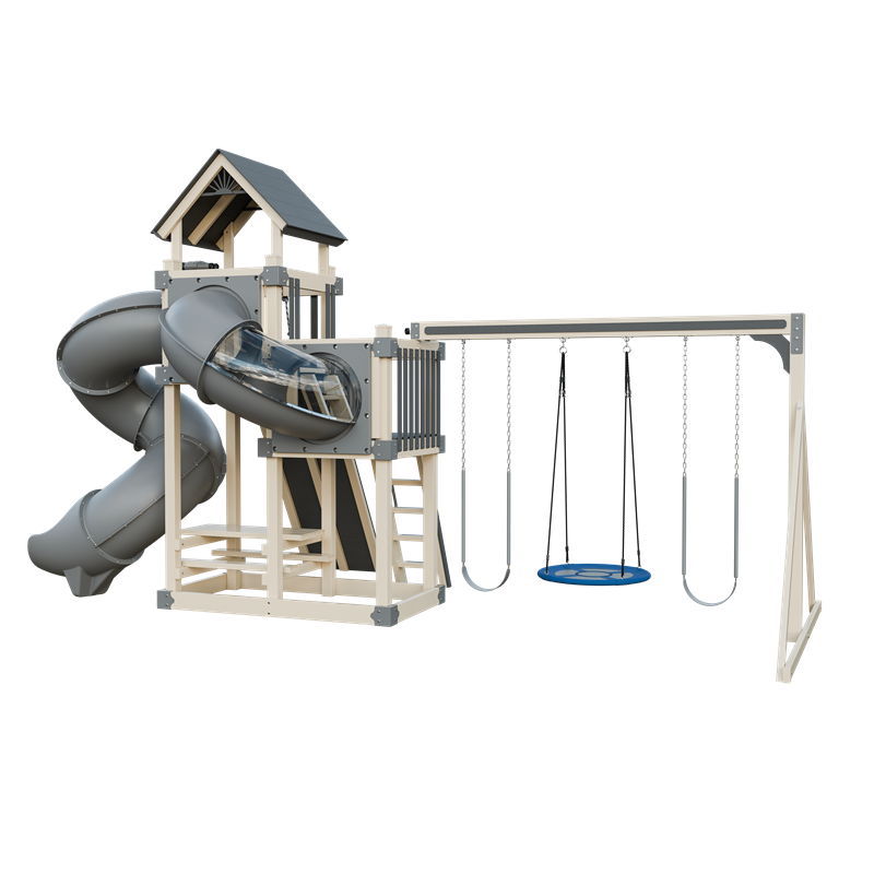 Super 48 Turbo swing set in almond and gray, back right