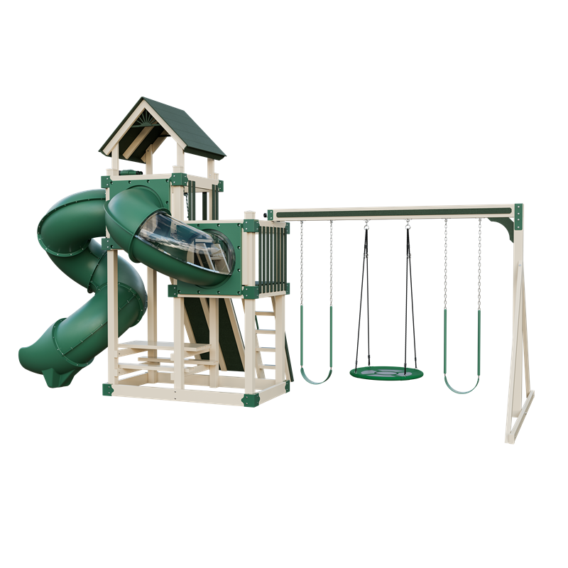 Super 48 Turbo swing set in almond and green, back right