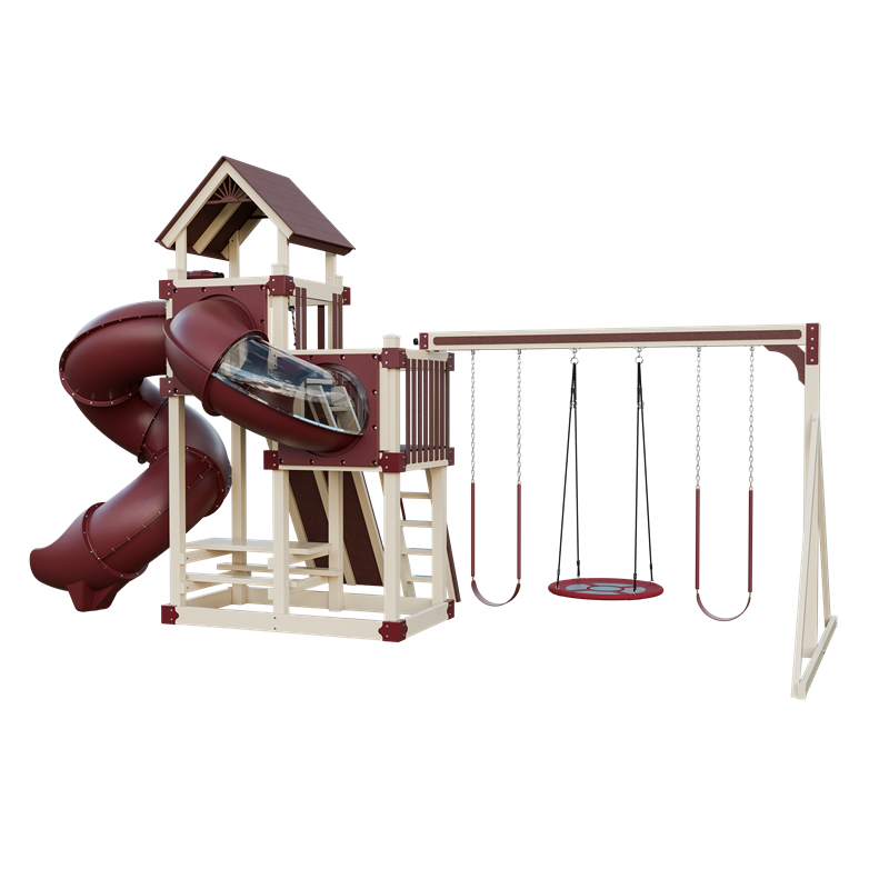 Super 48 Turbo swing set in almond and red, back right