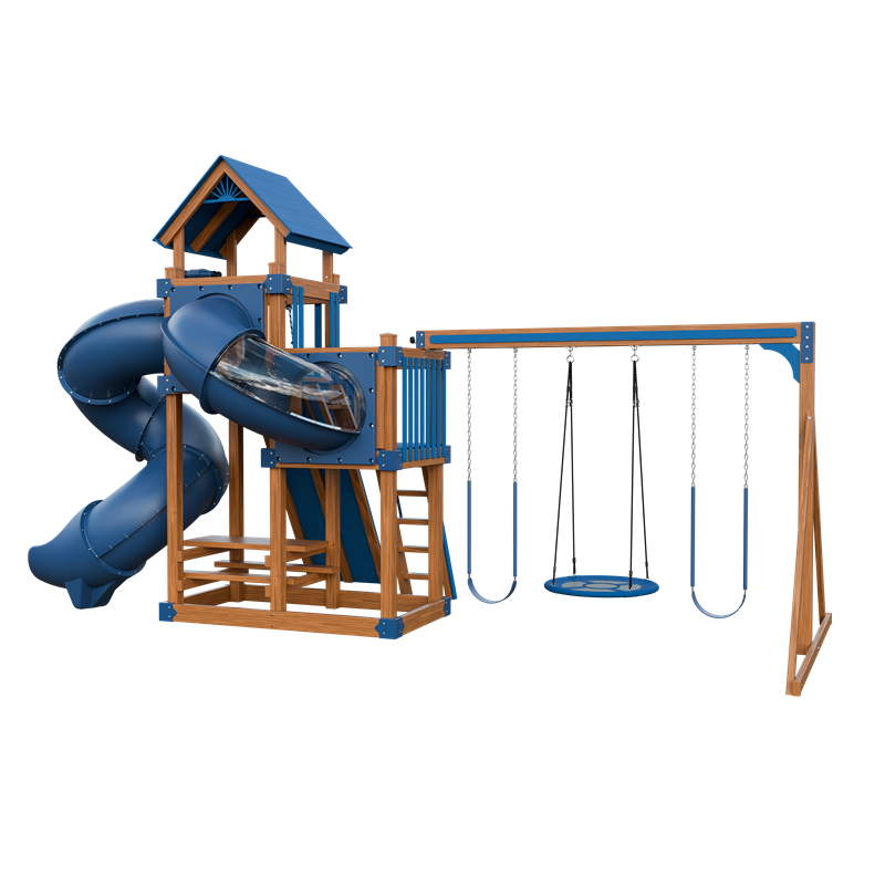 Super 48 Turbo swing set in wood grain and blue, back right