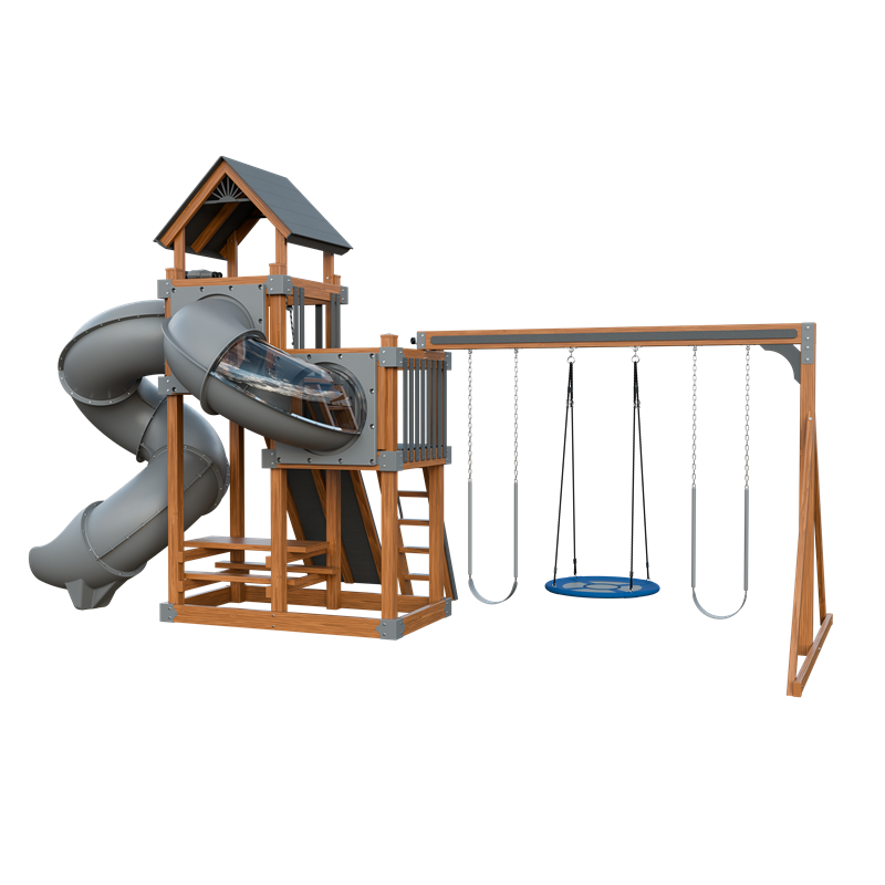 Super 48 Turbo swing set in wood grain and gray, back right