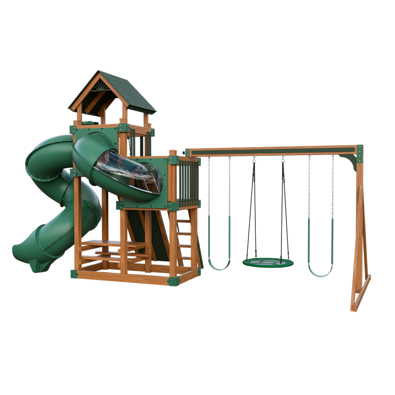 Super 48 Turbo swing set in wood grain and green, back right