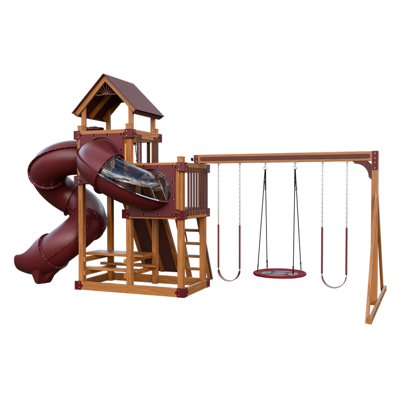 Super 48 Turbo swing set in wood grain and red, back right