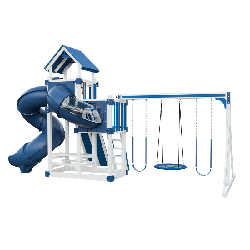 Super 48 Turbo swing set in white and blue, back right