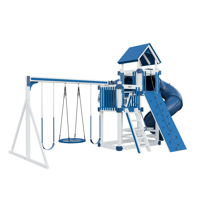 Super 48 Turbo swing set in white and blue, front left