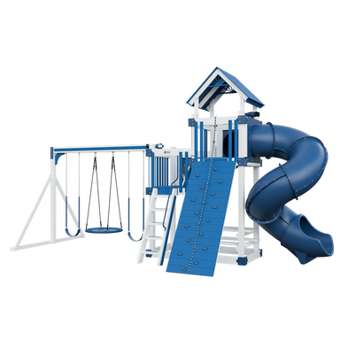 Super 48 Turbo swing set in white and blue, front right