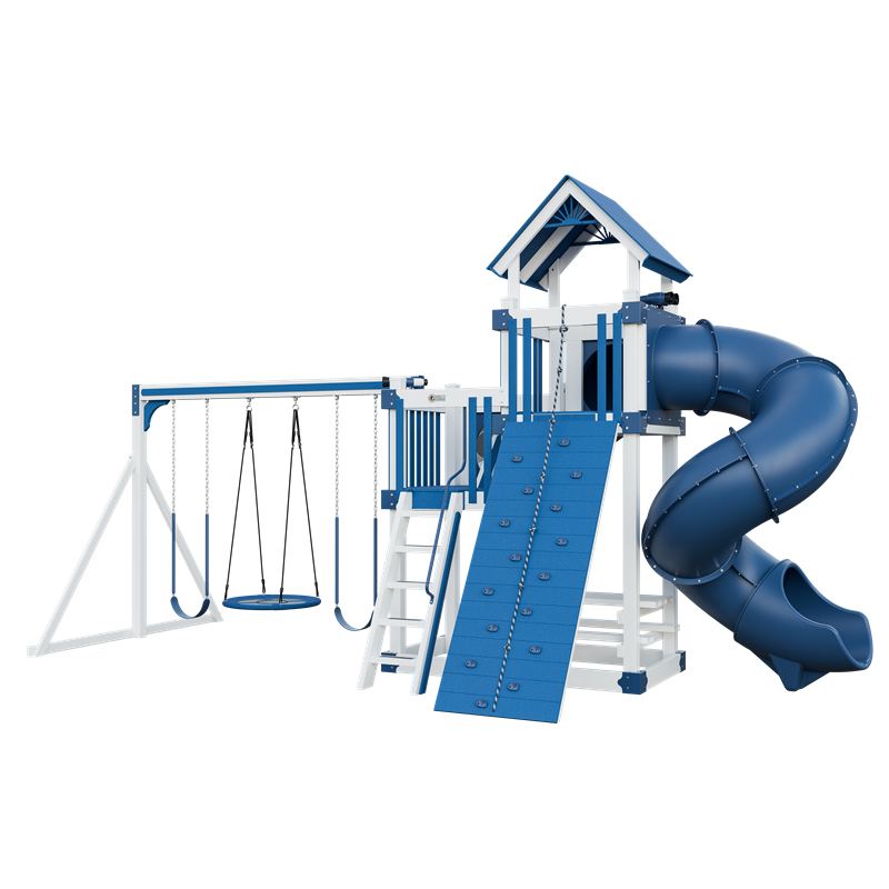 Super 48 Turbo swing set in white and blue, front right