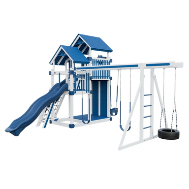 Super 59 Adventure swing set in white and blue, front right